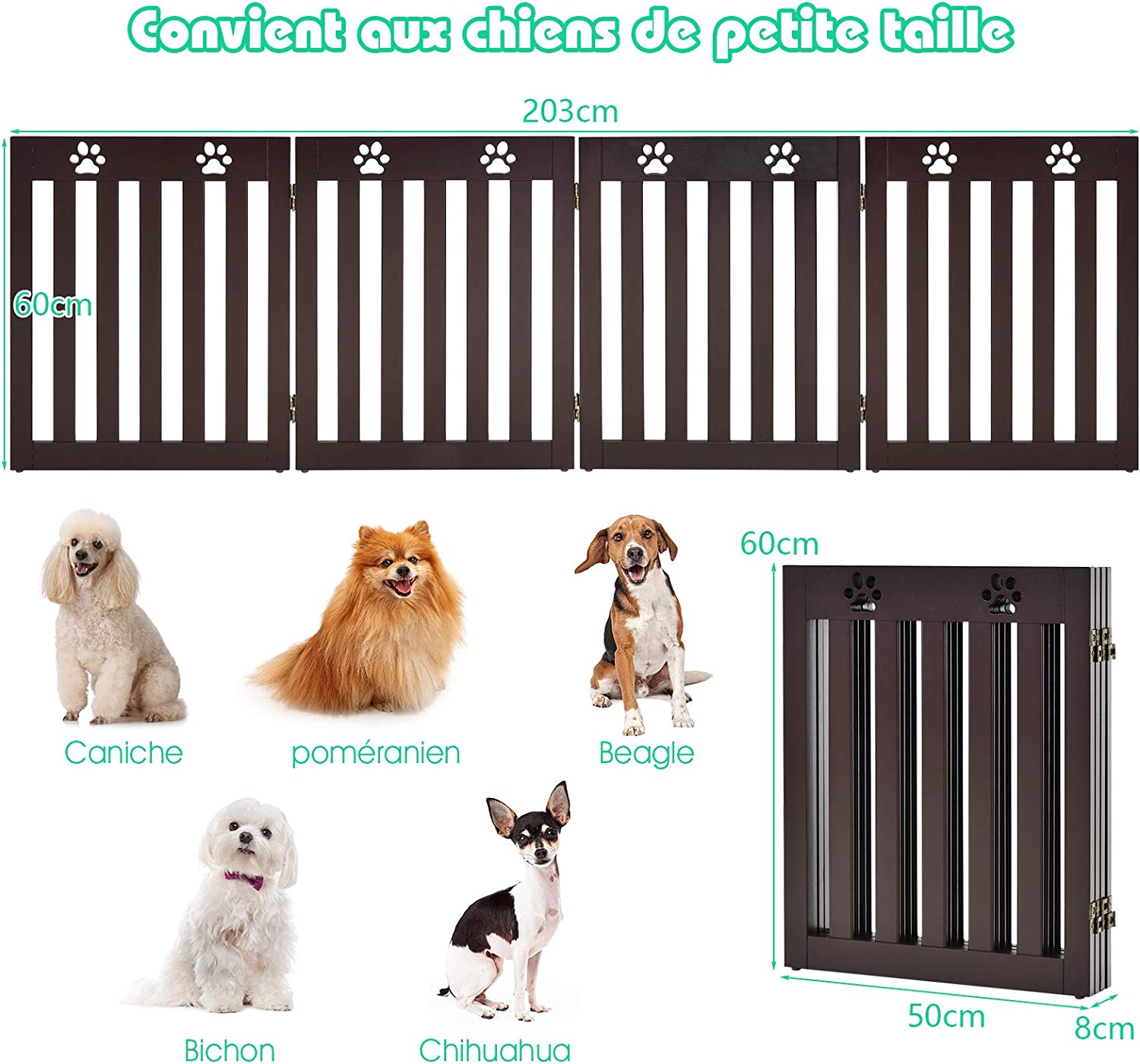 Costway Barrière De Sécurité En Bois Pour Chiens Avec Charnières Flexibles À 360° Et 4 Panneux Pou Escaliers,porte,60cm