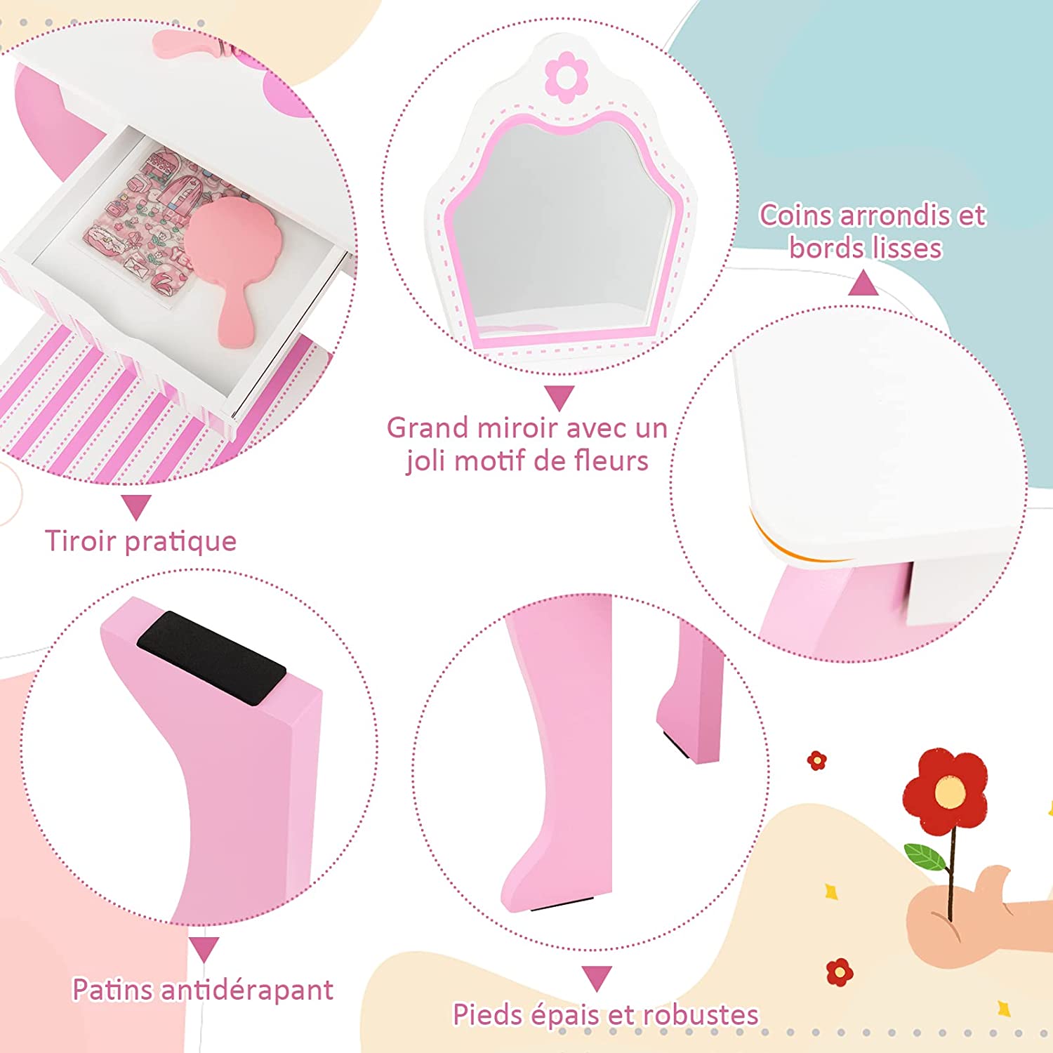 Coiffeuse Pour Enfants Avec Miroir Et Tabouret En Bois - Style Princesse Cadeau Pour Filles Rose