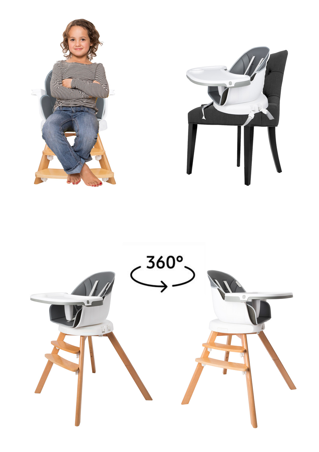 Honorbb Chaise Haute I-chair Noir Évolutive 2 En 1 - 6-36 Mois - Avec Pieds En Bois