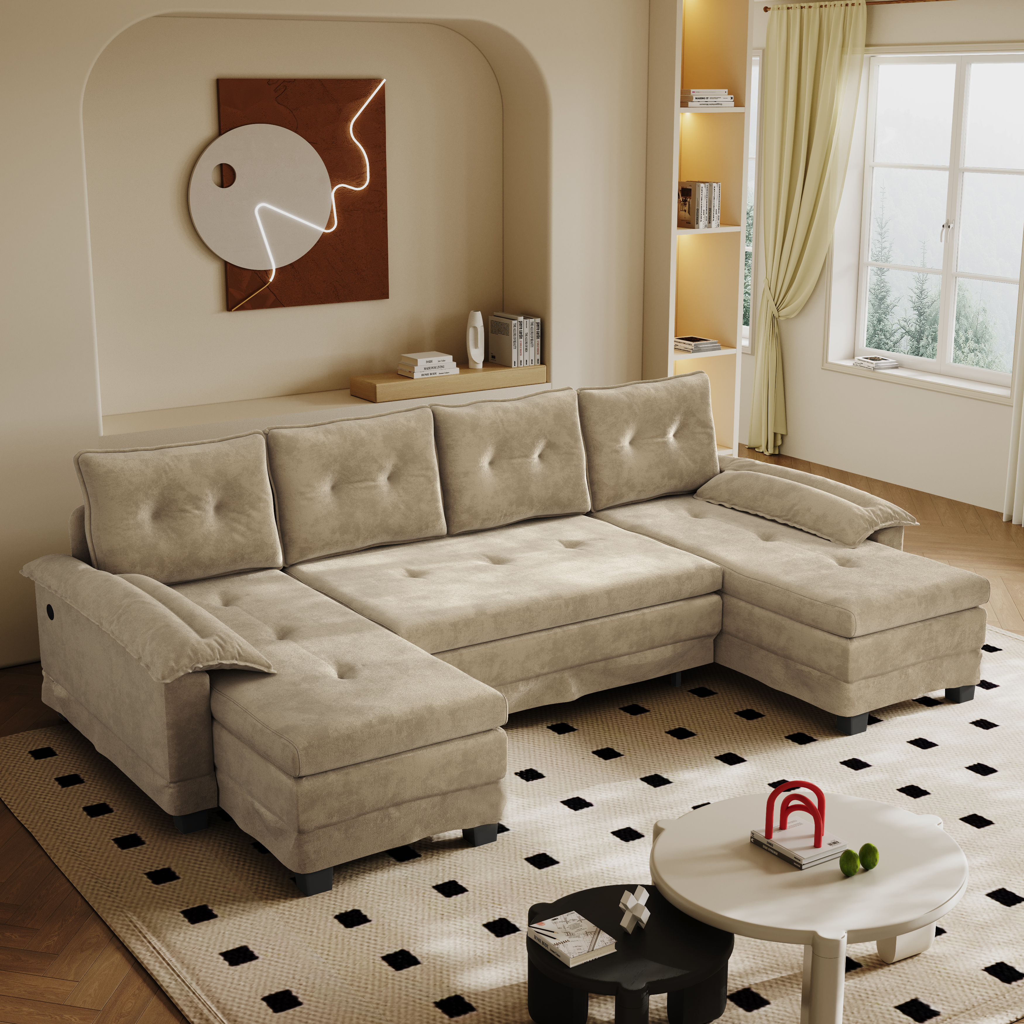 Canapé panoramique en U convertible 278 cm en tissu chenille camel, lit gigogne, port...