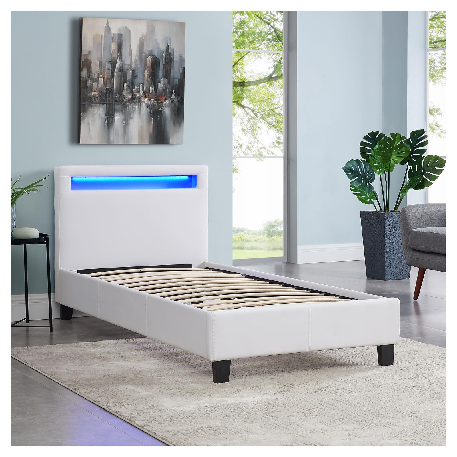 Lit Led Simple Luceno 90x190 Cm, Avec Sommier, Revêtement Synthétique Blanc