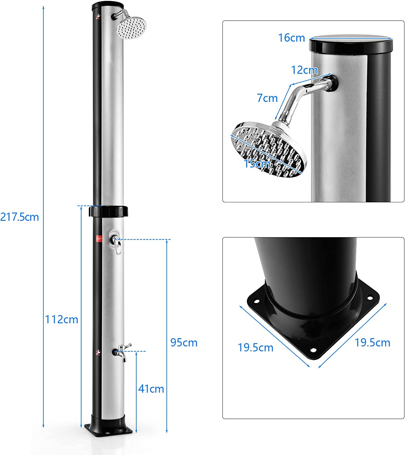 Costway Douche Solaire De Jardin 38l 217,5cm Avec Pommeau