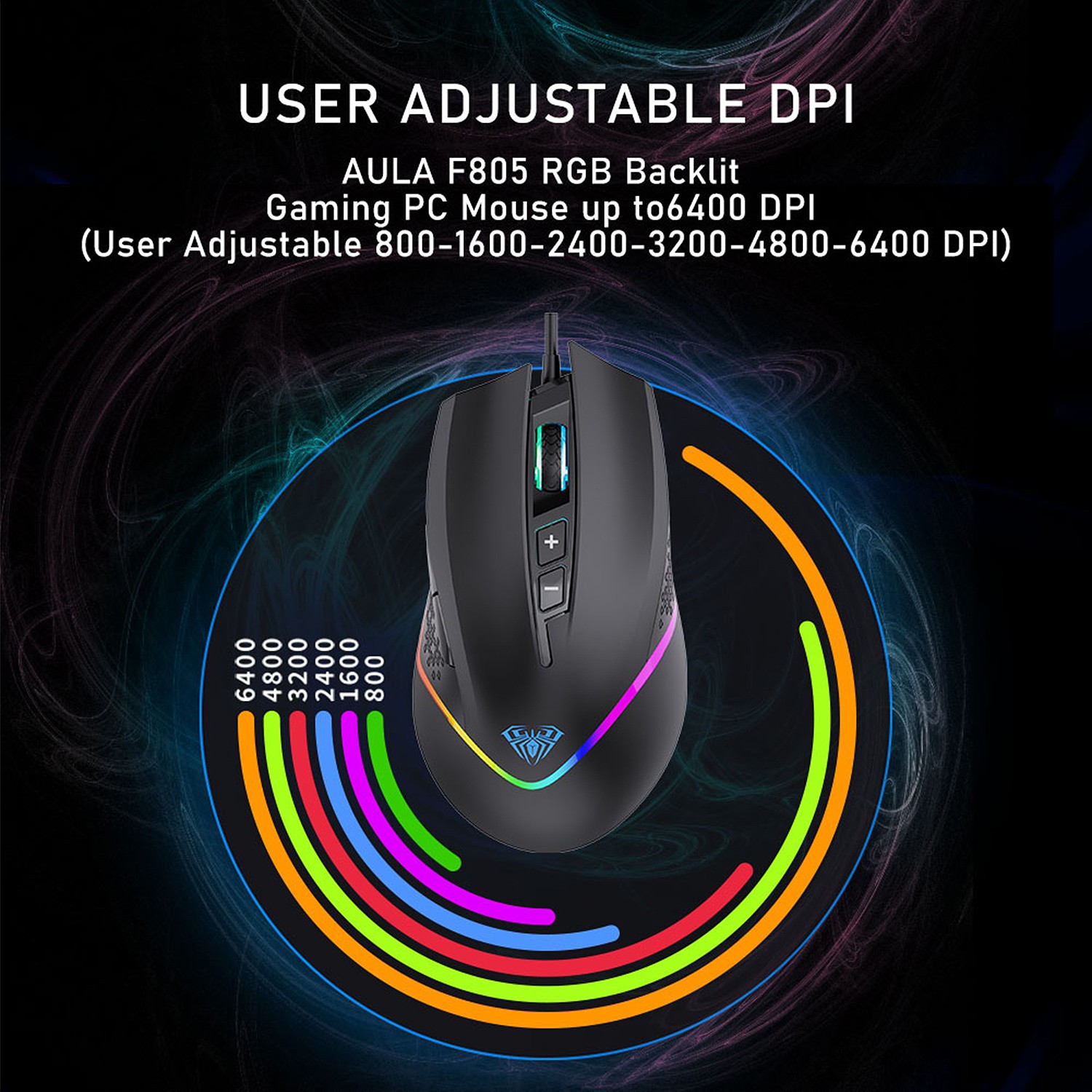 Aula F805 Souris Gamer 7 Boutons, 6400 Dpi, Optique, Usb, 7 Modes De Rétroéclairage