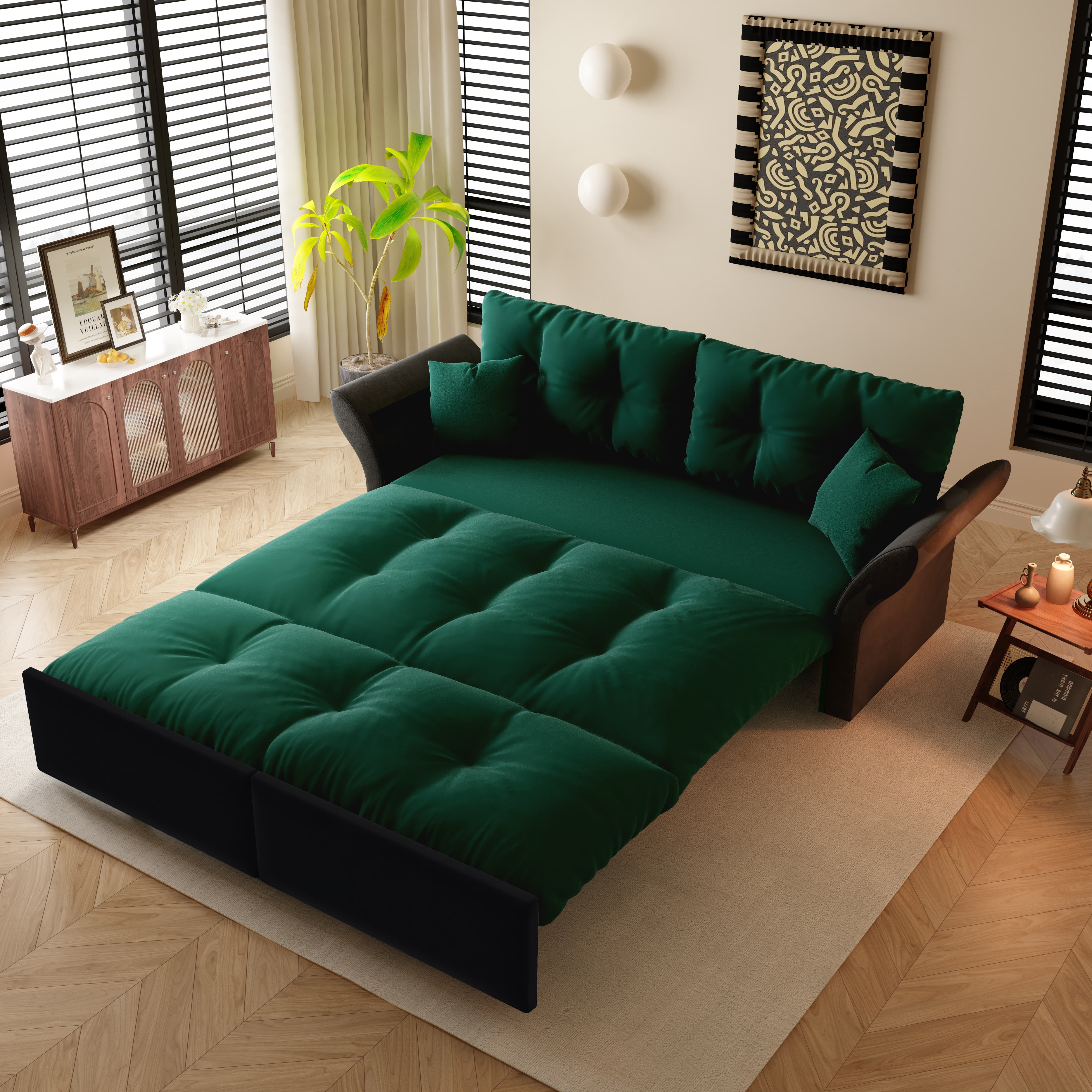 Canapé-lit 3 en 1 190 cm en velours vert avec lit gigogne et 2 coussins pour salon