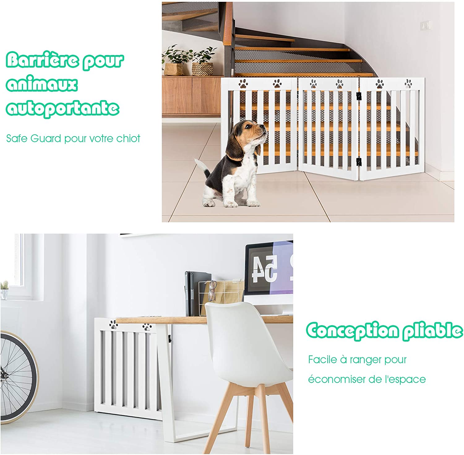 Costway Barrière De Sécurité En Bois Pour Chiens Avec Charnières Flexibles À 360° Et 3 Panneaux