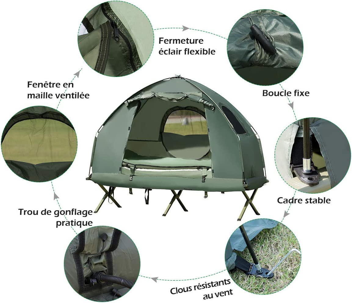 Costway Tente De Camping Surélevée 1 Personnes Imperméable Avec Matelas Pneumatique, Oreiller Et Sac