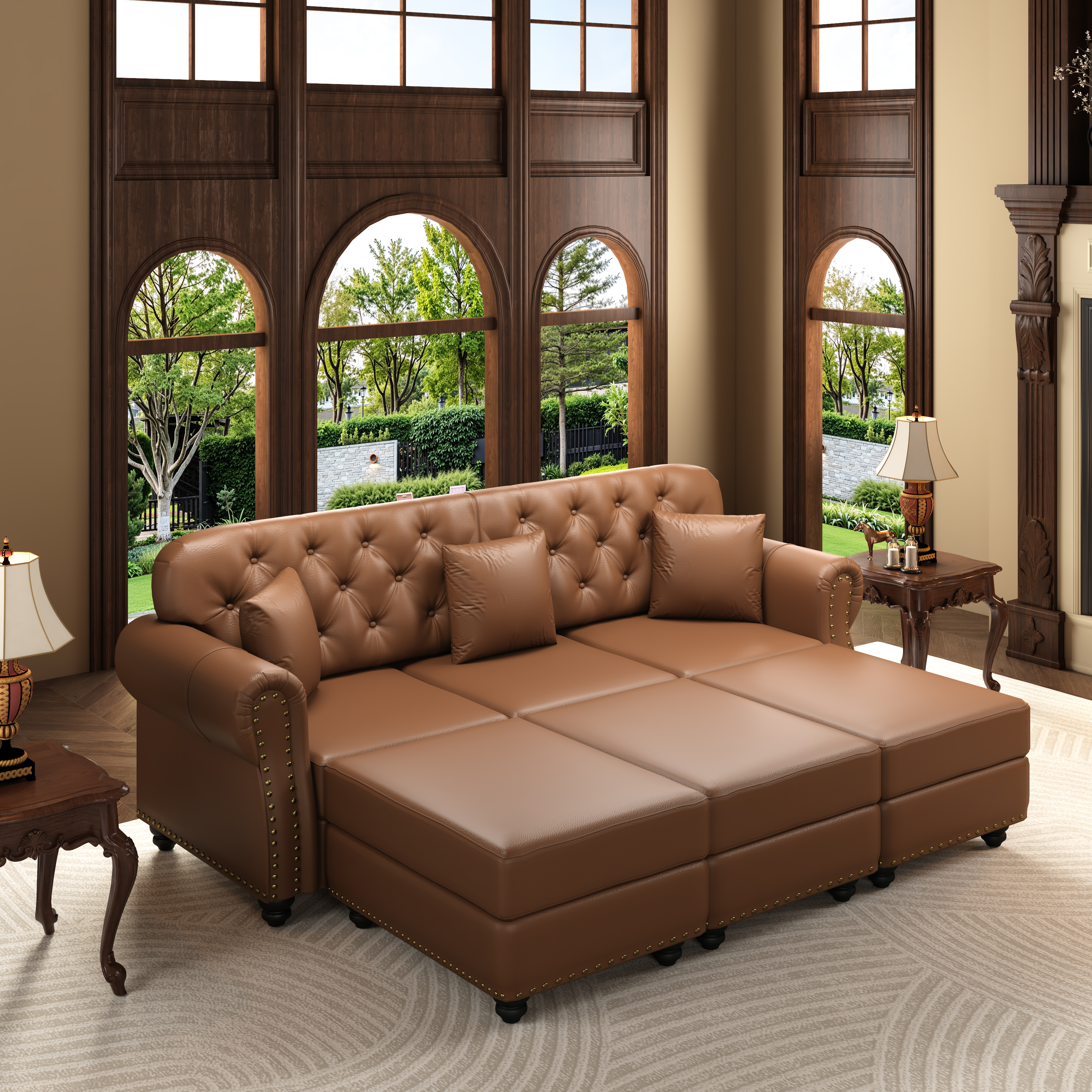 Canapé style Chesterfield 3 places + 3 poufs en revêtement simili cuir marron, 210 cm
