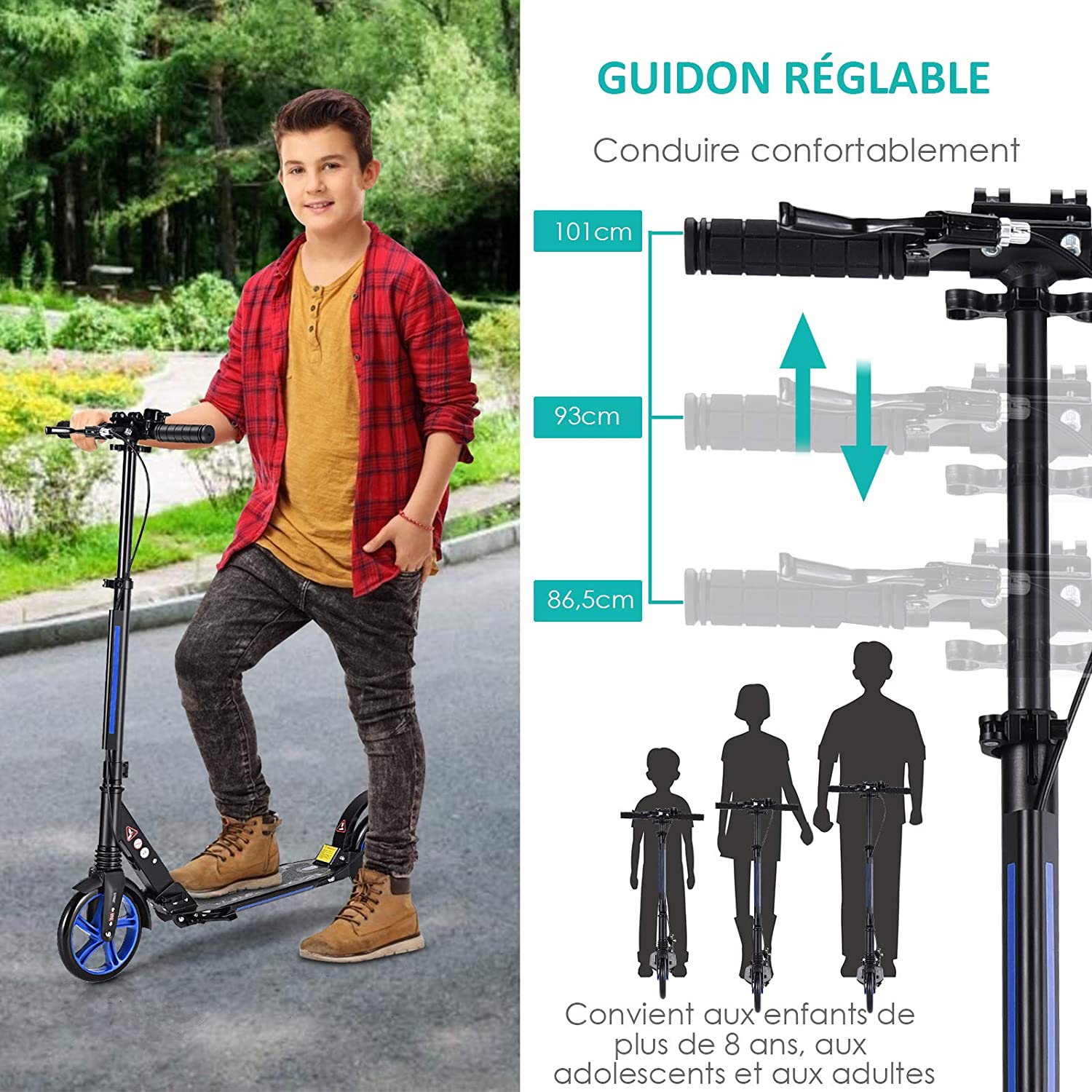 Costway Trottinette Pliable Avec Frein À 2 Roues Pour Enfant Plus De 8 Ans Hauteur Réglable En 3 Positions Fait