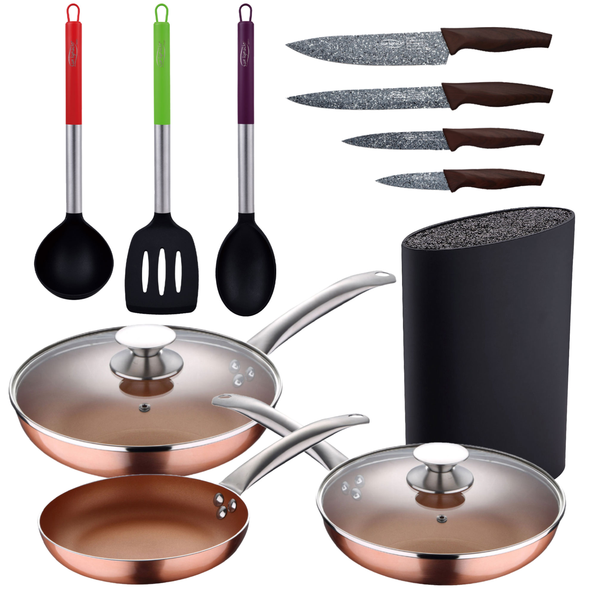 Batterie De Cuisine Avec : Poêles 20x8.5 Et 24x10.5 Cm Avec Couvercles Acier Inoxydable Induction Et Poeles A Frire 16x4 0 20x5 0 28x6 0 Et Wok 28x8 0 Cms Aluminium Forge Pour Induction Avec 3 Pcs