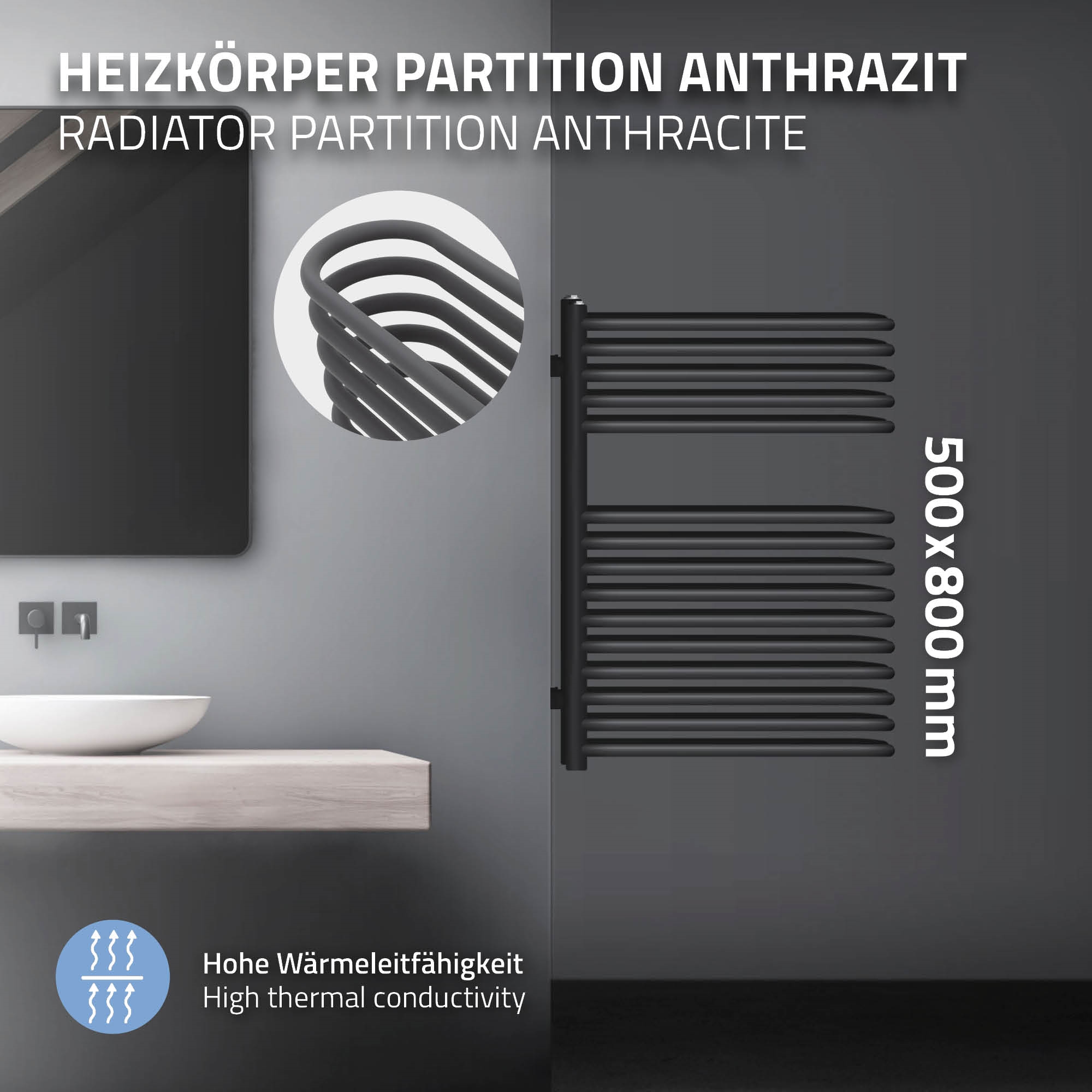 Radiateur Partition Anthracite 500x800 Mm Sèche-serviettes Moderne Salle De Bain
